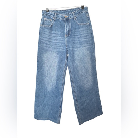 HDLTE Cropped Wide-Leg Blue Faded High Rise Jeans Size Small‎ - Picture 1 of 6